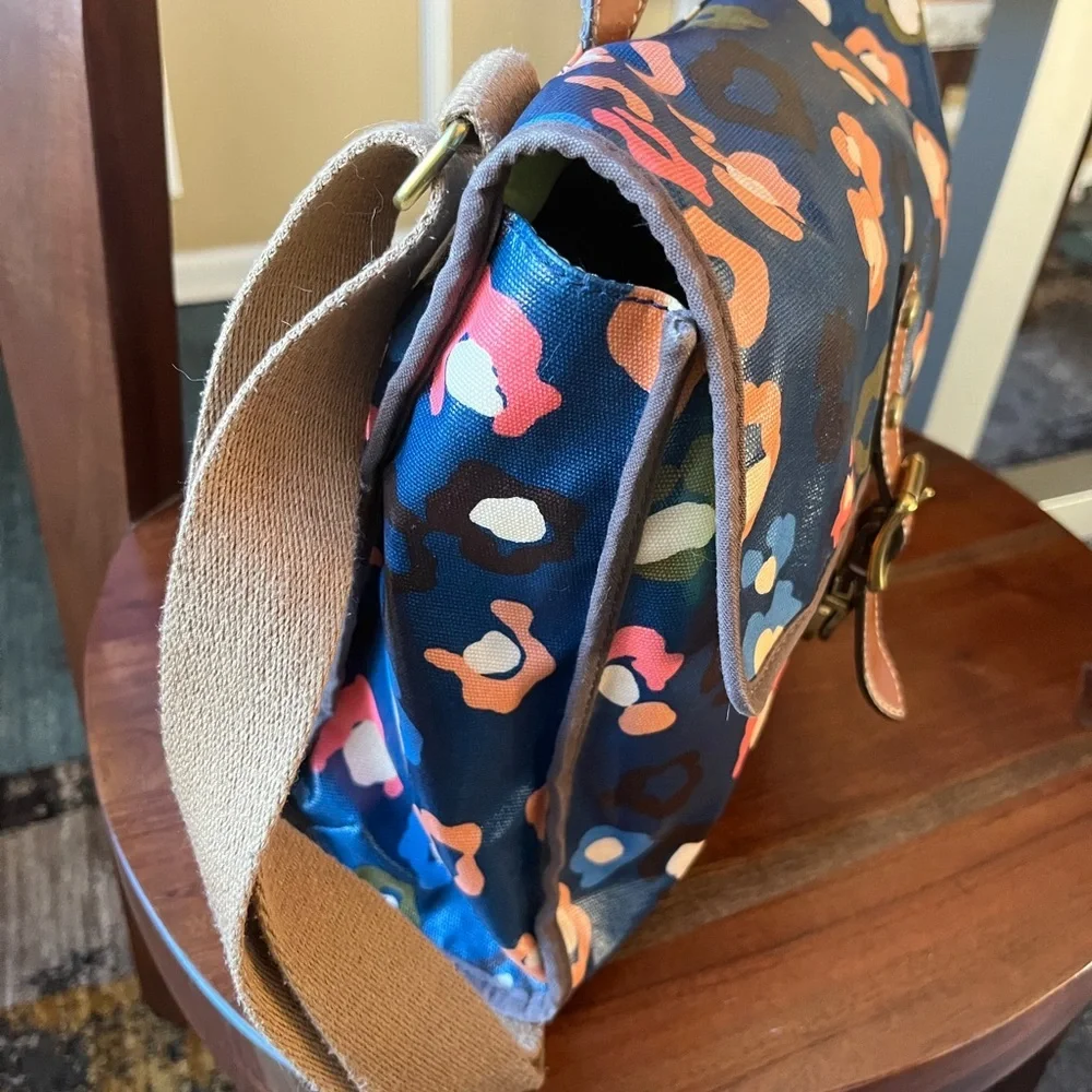 Fossil Navy Blue Floral Print Coated Canvas Crossbody Laptop Tote Bag
